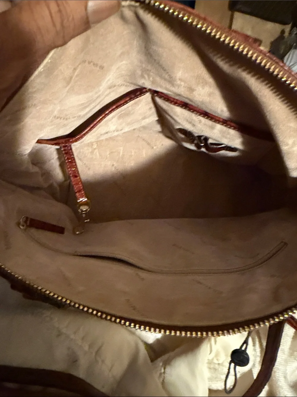 Women's Brahmin pecan Croc-Embossed Satchel Handbag in Cognac Brown with wallet